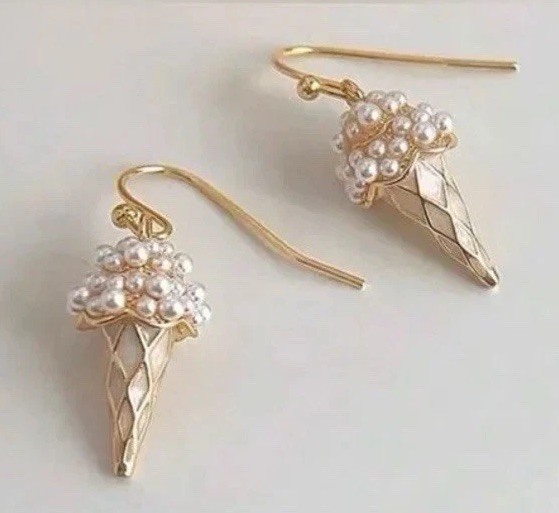 14k Gold Plated 925 Sterling Silver Imitation Pearl Ice Cream Cone Earrings NWOT