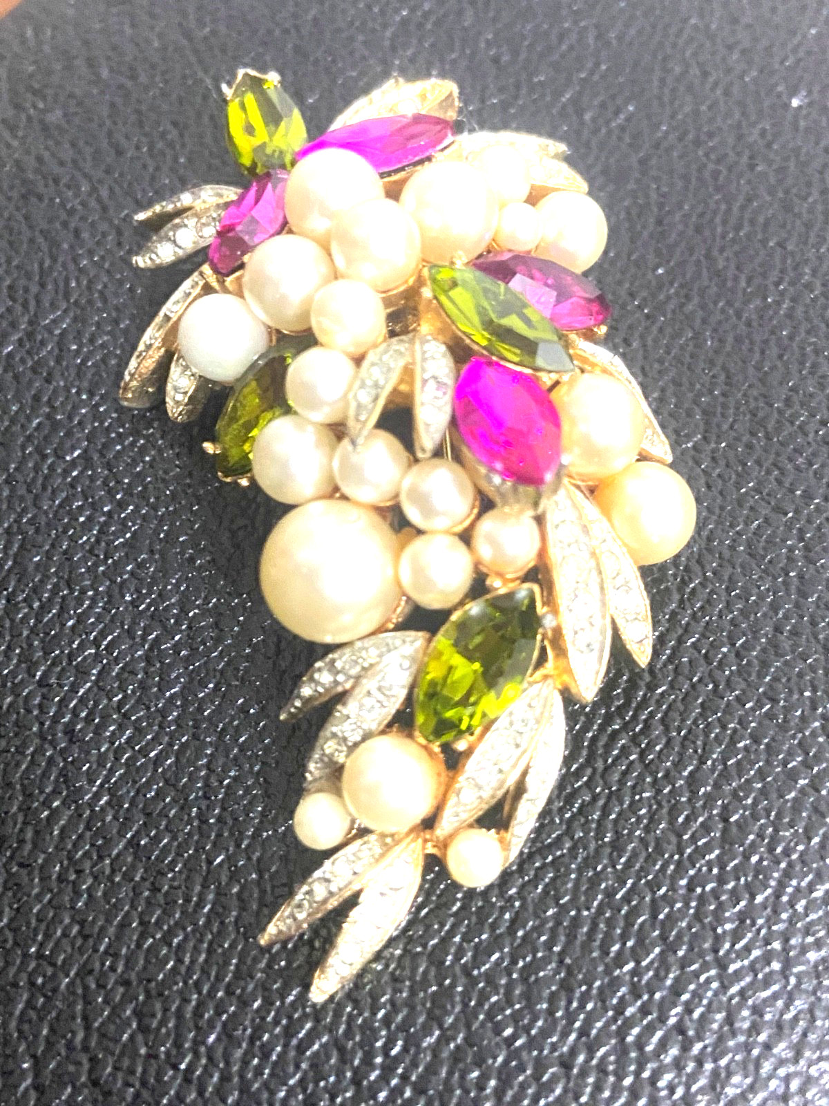Vintage Brooch Pin, R. Mandle, Faux Pearls, Dark pink & green rhinestones