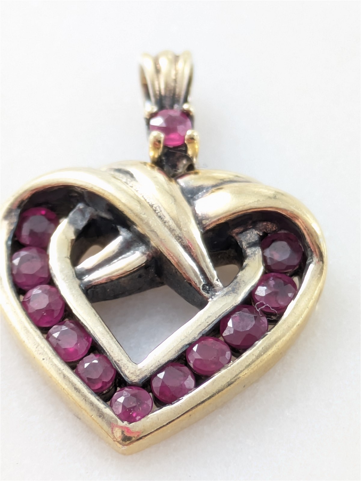 Vintage Solid Sterling Silver Gold Color Heart Pendant Red Gemstones 3 Grams