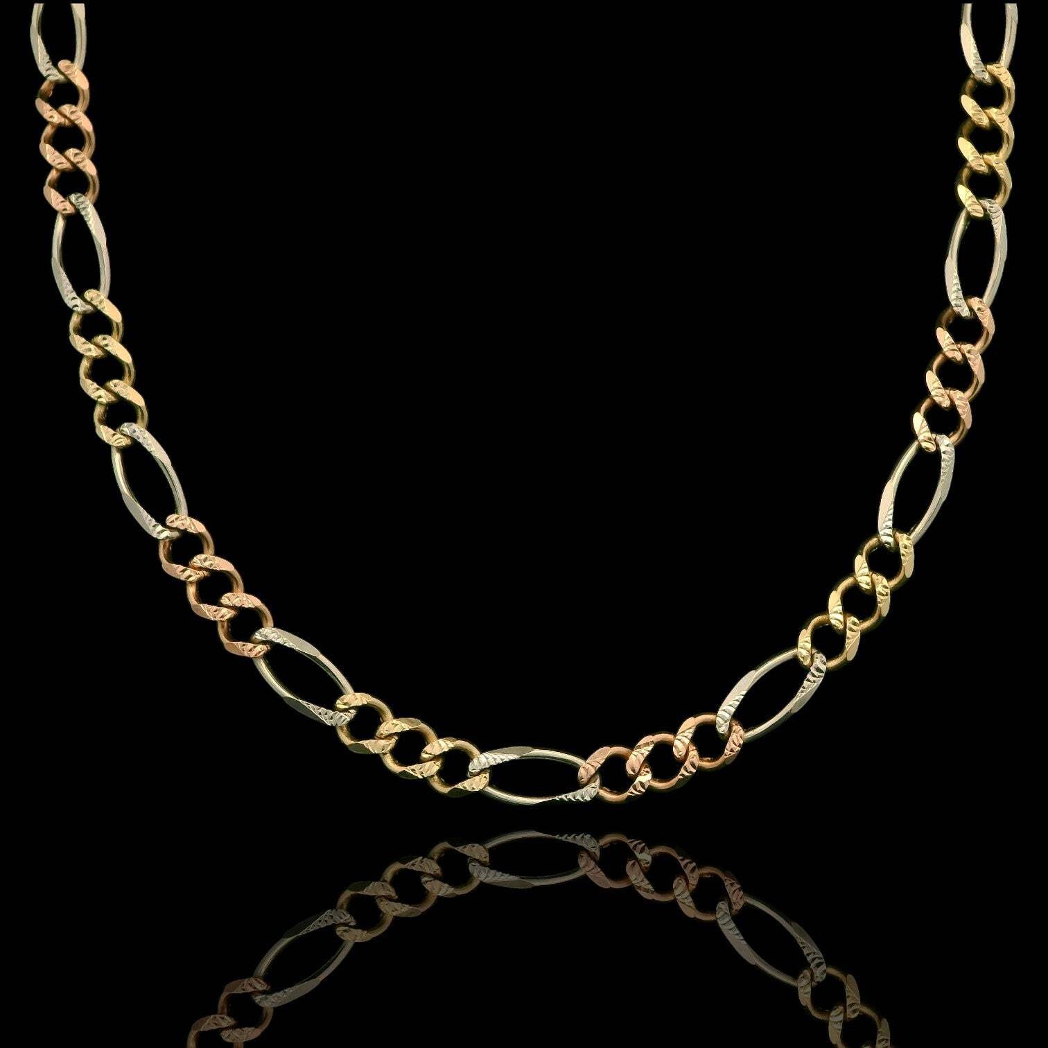 14K Gold Italian Tri-Color Figaro Chain Necklace (16”- 26”) (2.5mm-7mm)