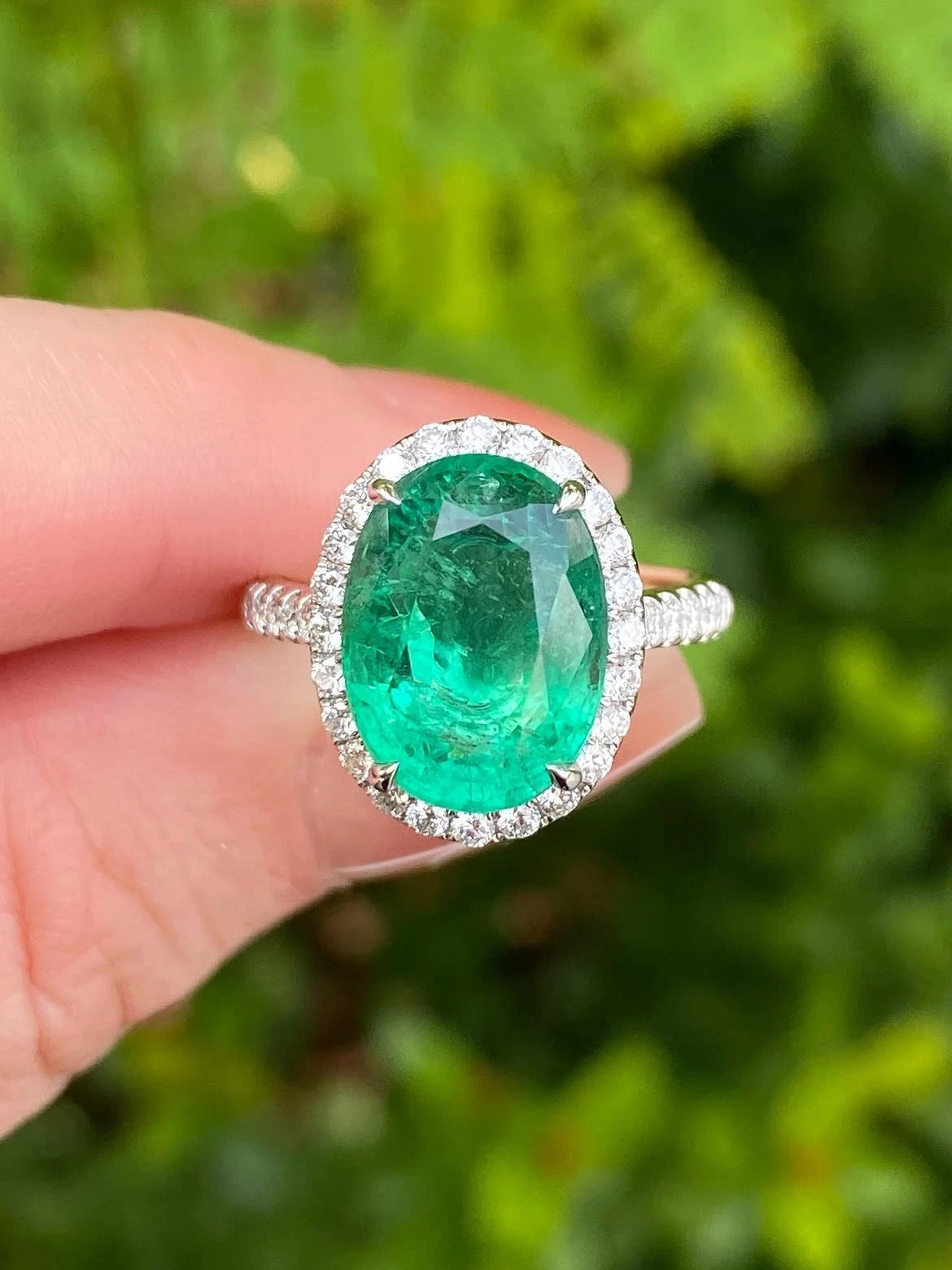 6.00Ct Natural Green Emerald & Diamond Couple Ring Solid 14K White Gold Oval Cut