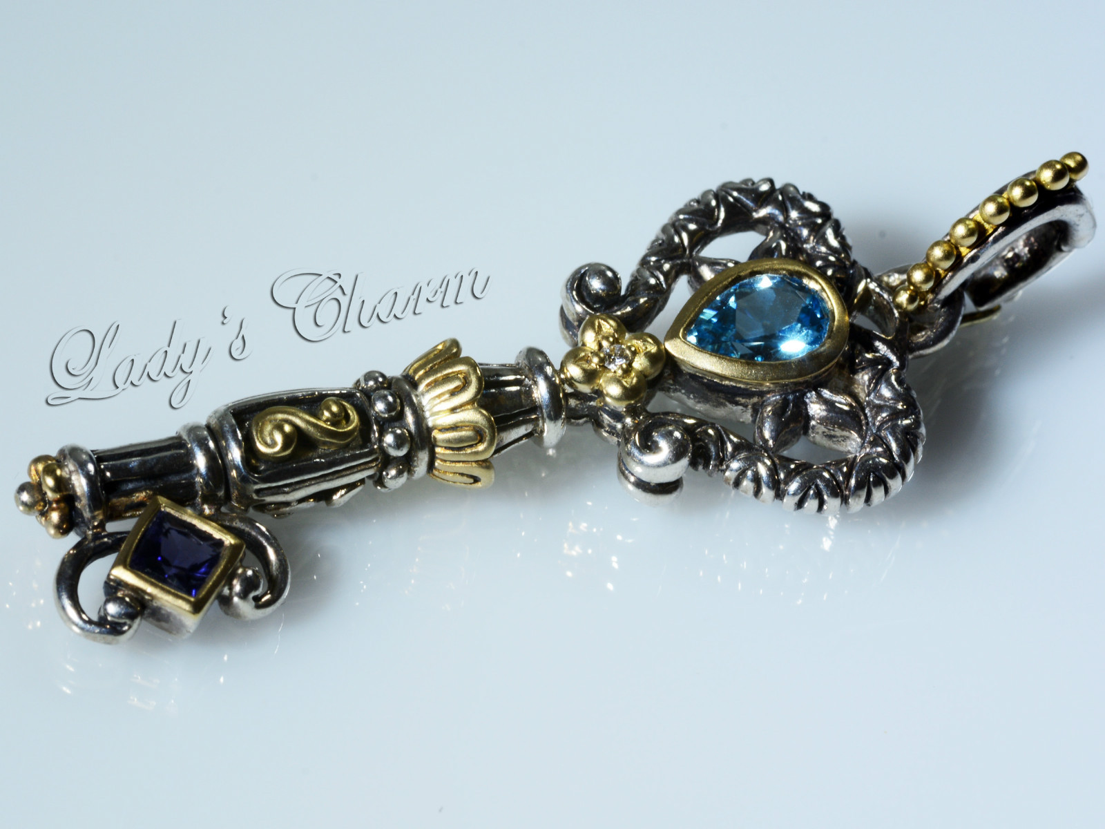 🦋HE Barbara Bixby Diamond Blue Topaz Iolite Harmony Key Pendant Sterling 18K