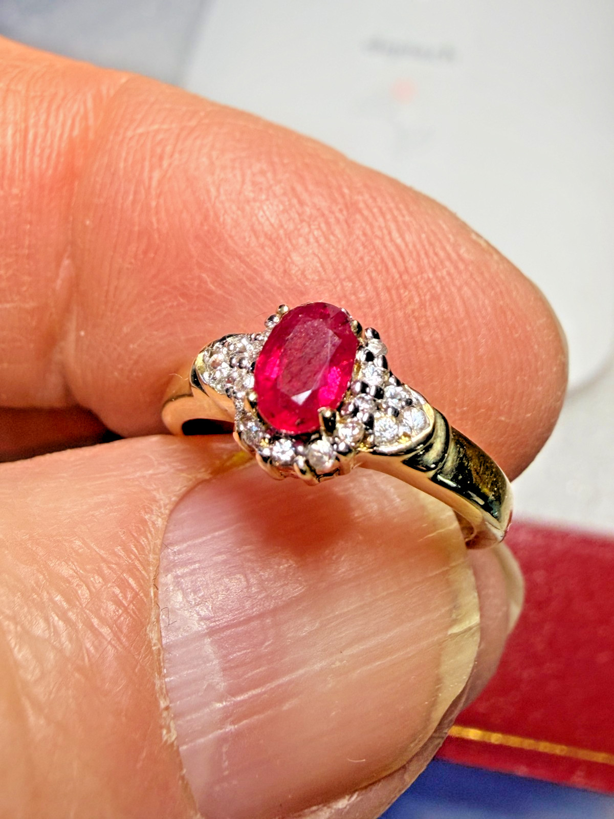 Stunning 9ct Yellow Gold & Ruby Ring – CZ’s – English – London
