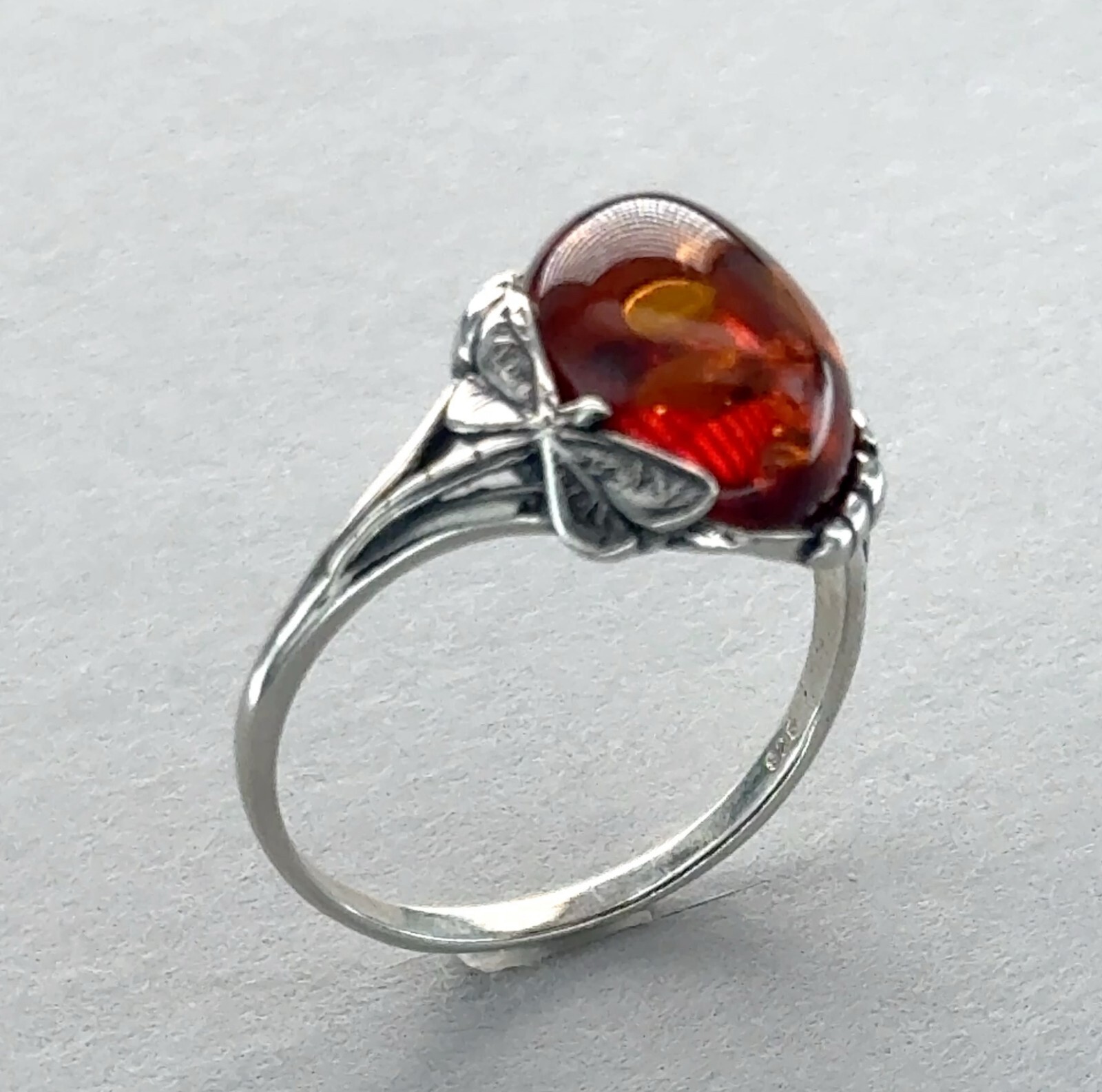 Oval Cognac / Brown BALTIC AMBER Dragonfly Ring 925 STERLING SILVER Poland #58e