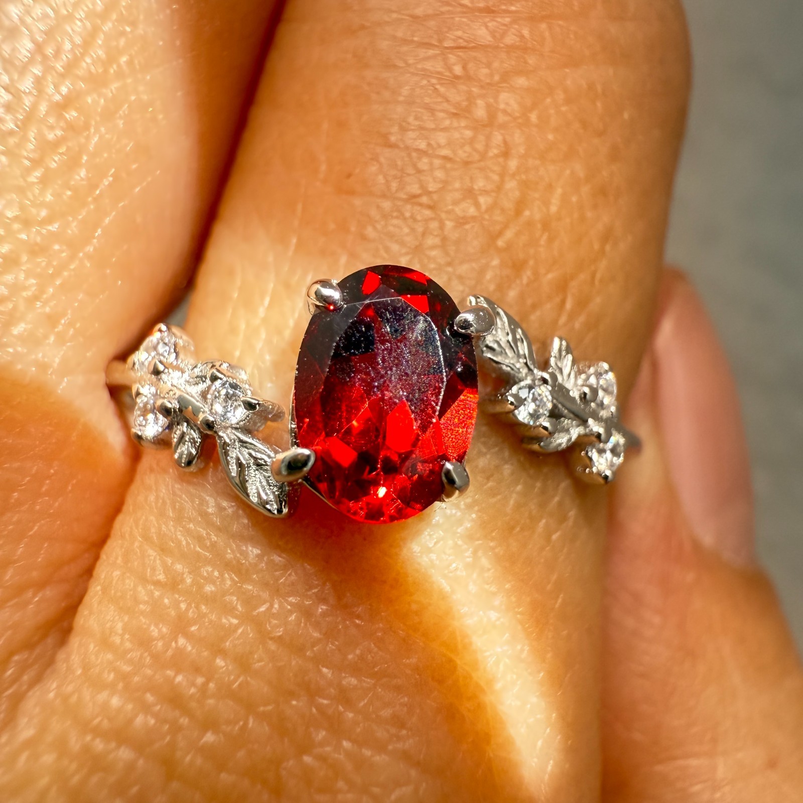 925 Sterling Silver Ring 7x5mm Natural Rhodolite Garnet Gemstone Zircon Flower