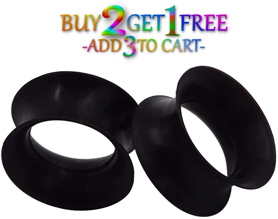 Pair 8g-40mm BLACK SILICONE EARSKIN TUNNELS Double Flare Gauges Thin Flesh 1019