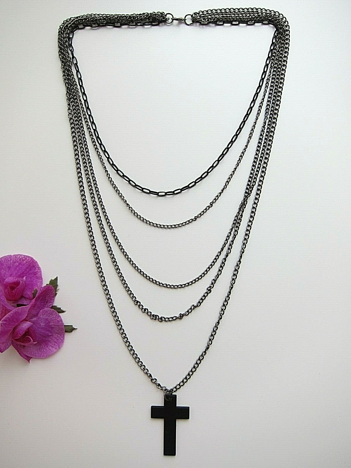 Black Gunmetal Multi- Chain Multiple, Various Length Chain Necklace with Cross.