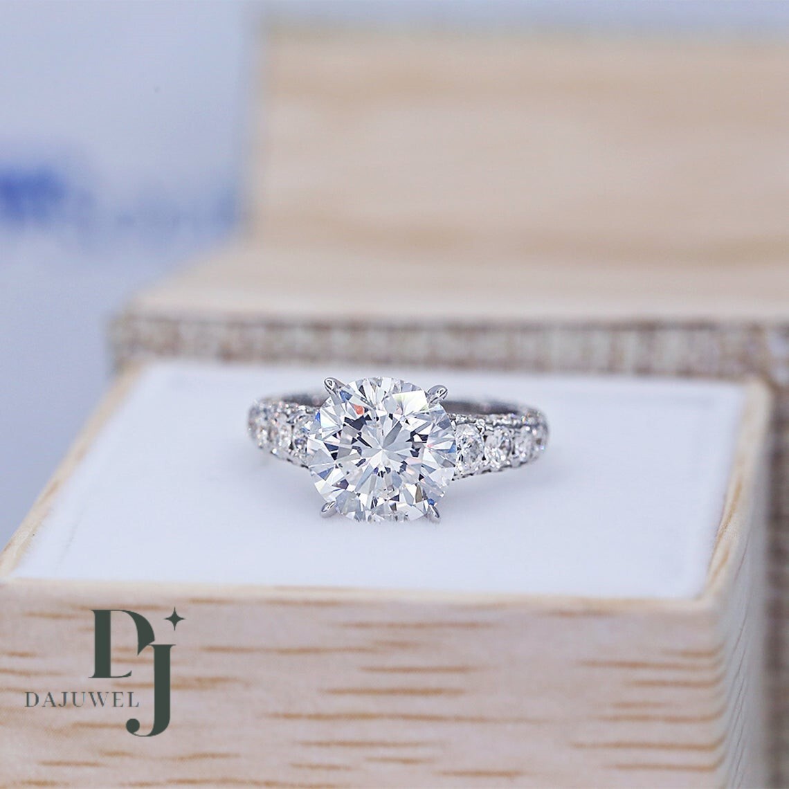 Solid 14K White Gold 3 Ct Excellent Round Cut Moissanite Engagement Ring
