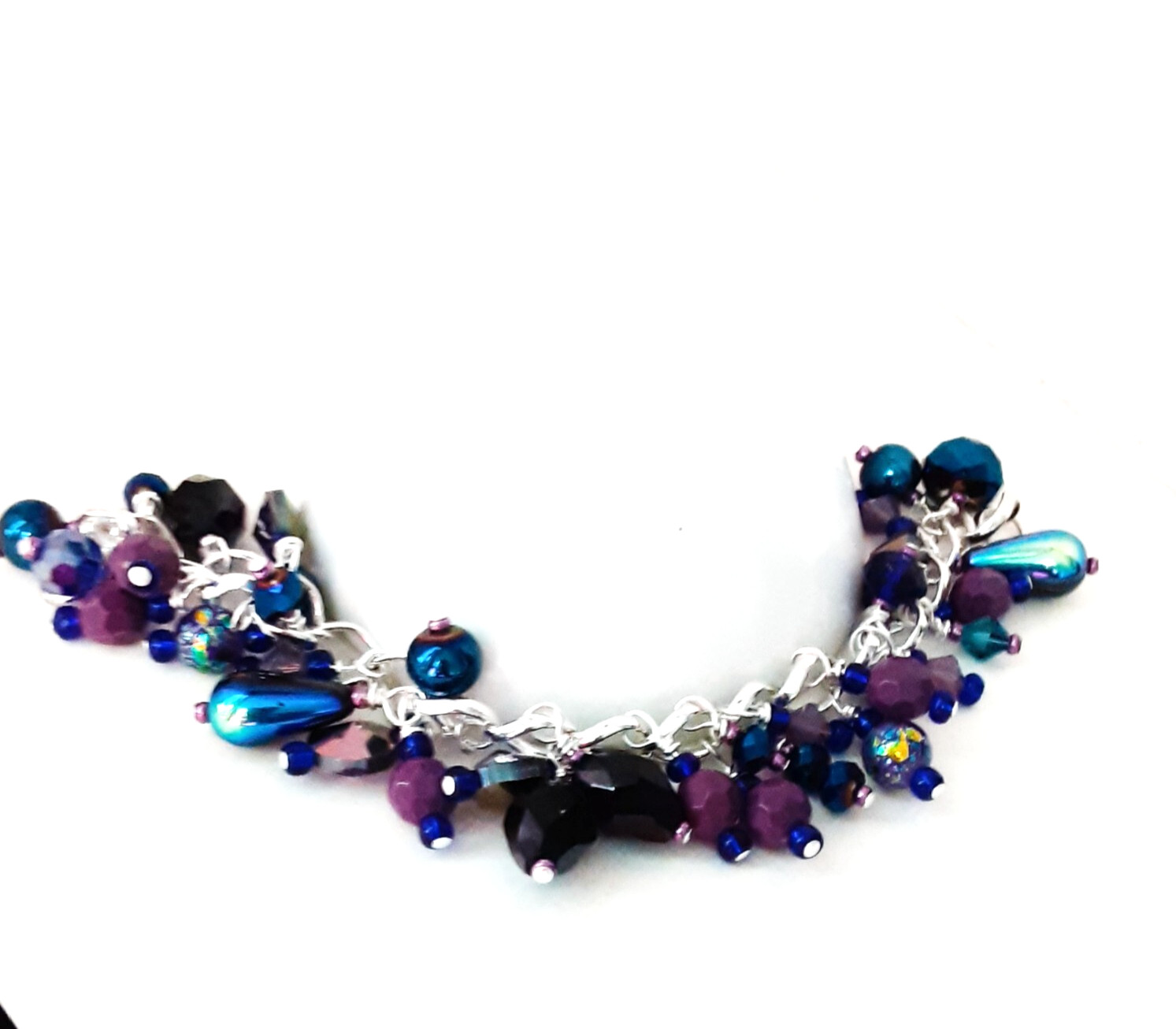 Handmade bracelet upcycled blue purple beads wirework Pat2 sz 6.2