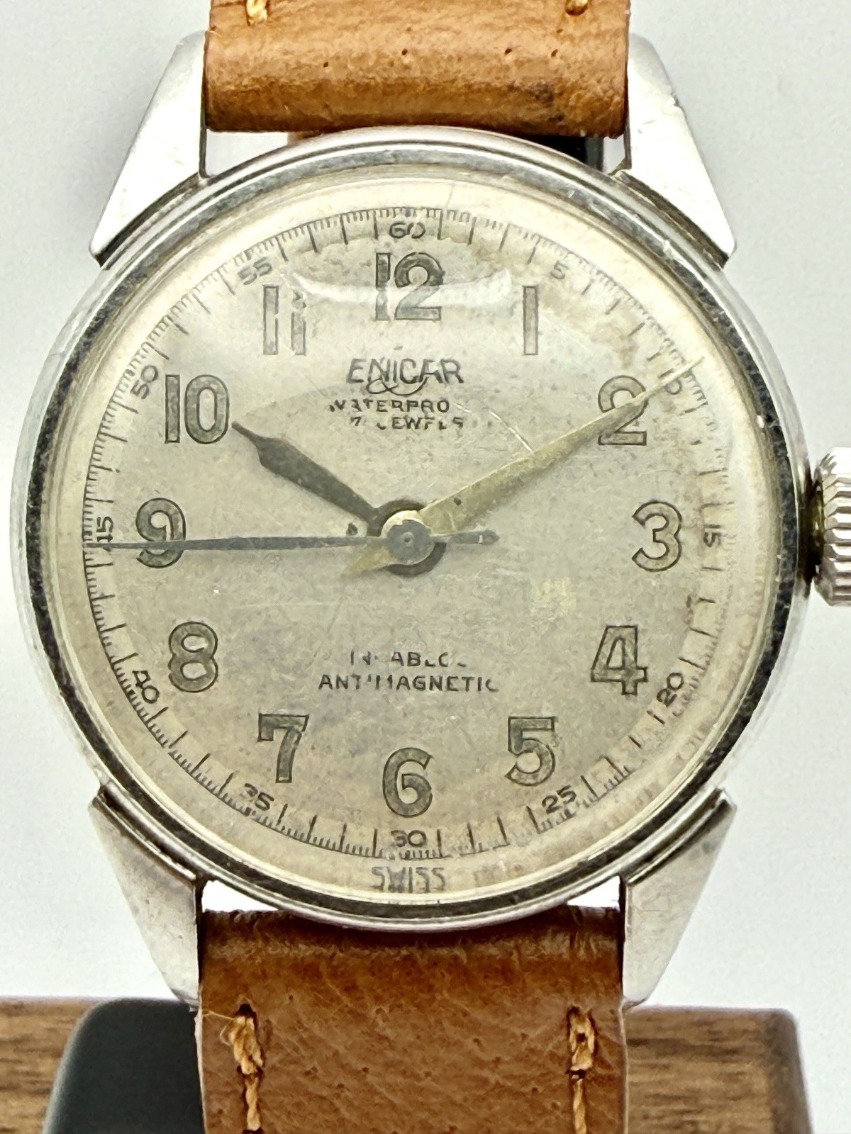 Enicar Waterpro Vintage Swiss Manual Wind 17J Silver Dial Steel Leather 29mm