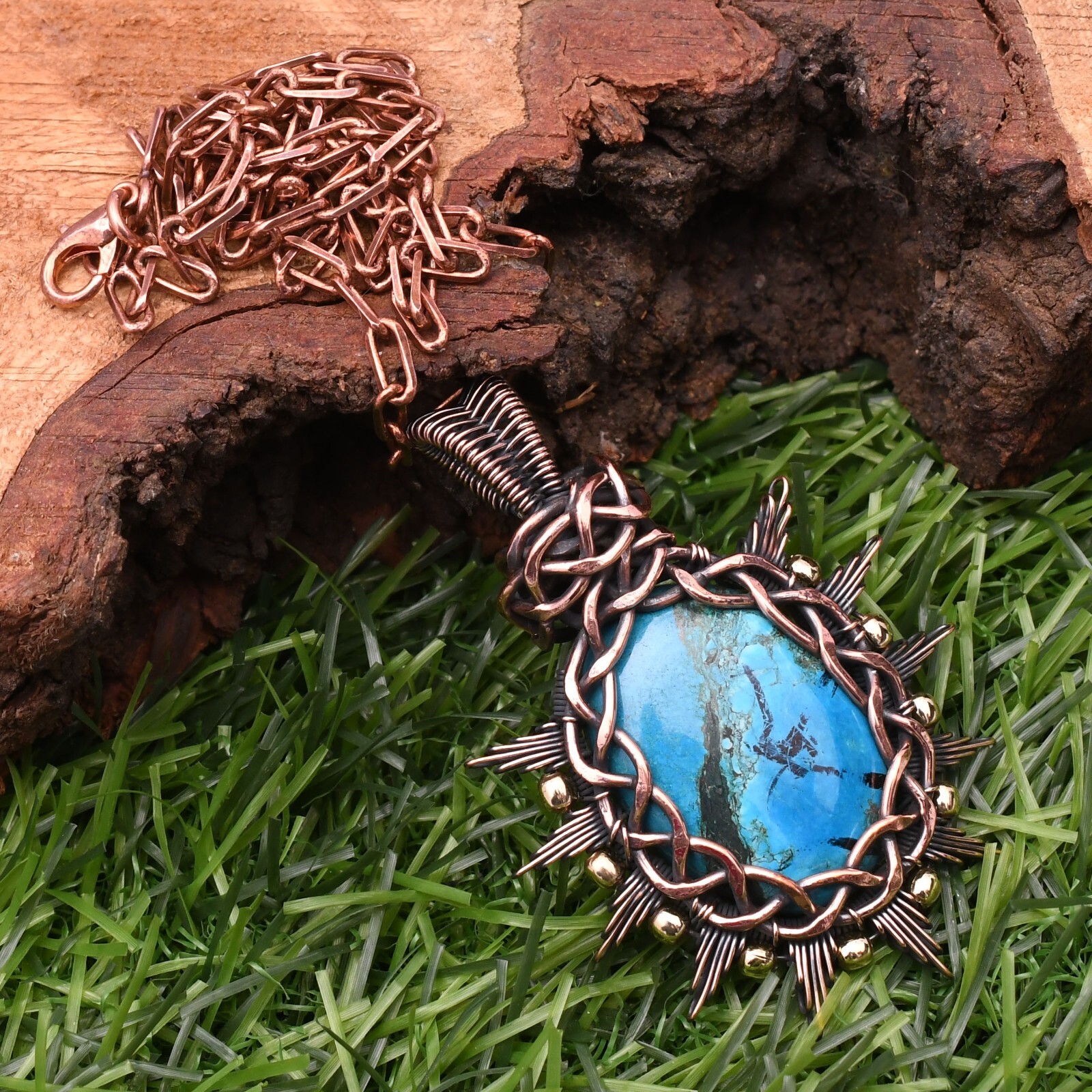 Turquoise Pendant Gemstone Copper Wire Wrap Handmade Jewelry Pendant 2.28″