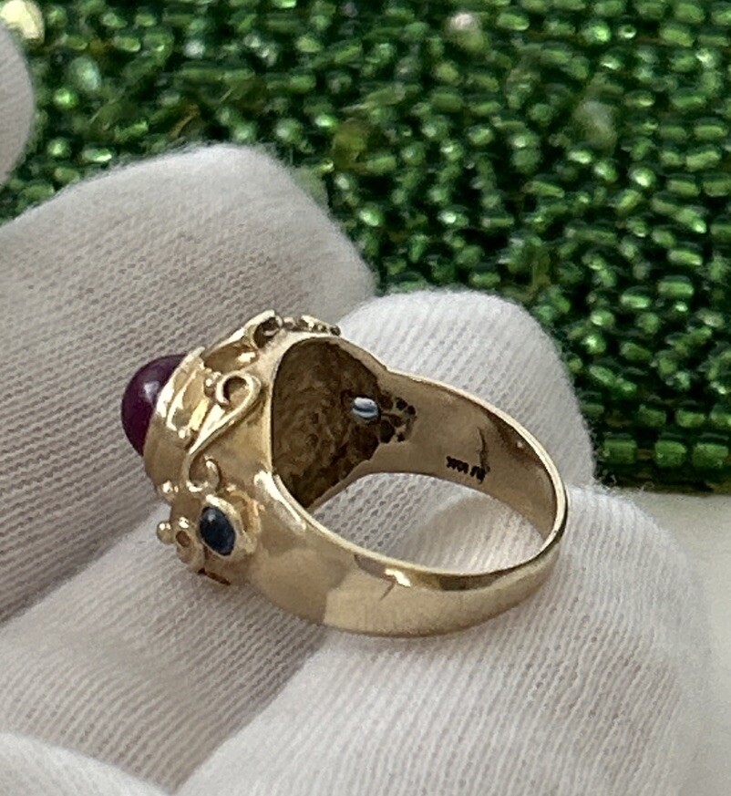 Vtg.10K Solid Yellow Gold Ruby White & Blue Sapphire Ring 7.83g.Heavy – Sz:6.5