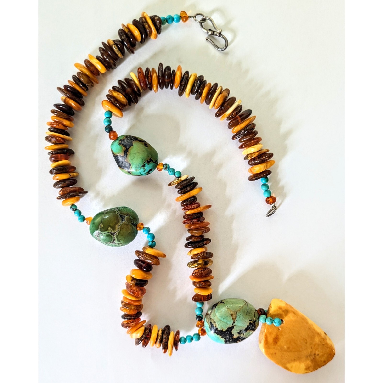 Sterling Egg Yolk Baltic Amber Blue Turquoise Chunks Beaded Pendant Necklace 22″
