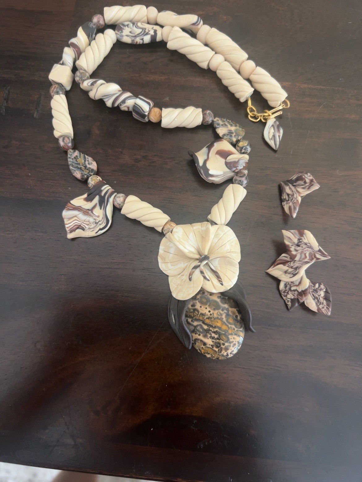 HANDMADE ARTISAN POLYMER CLAY ORCHID NECKLACE & EARRINGS FAUX JASPER OOAK SET