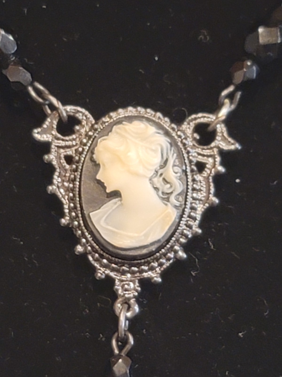 Vintage Cameo Y Necklace Black Beaded Gothic Victorian Style Necklace 1980s