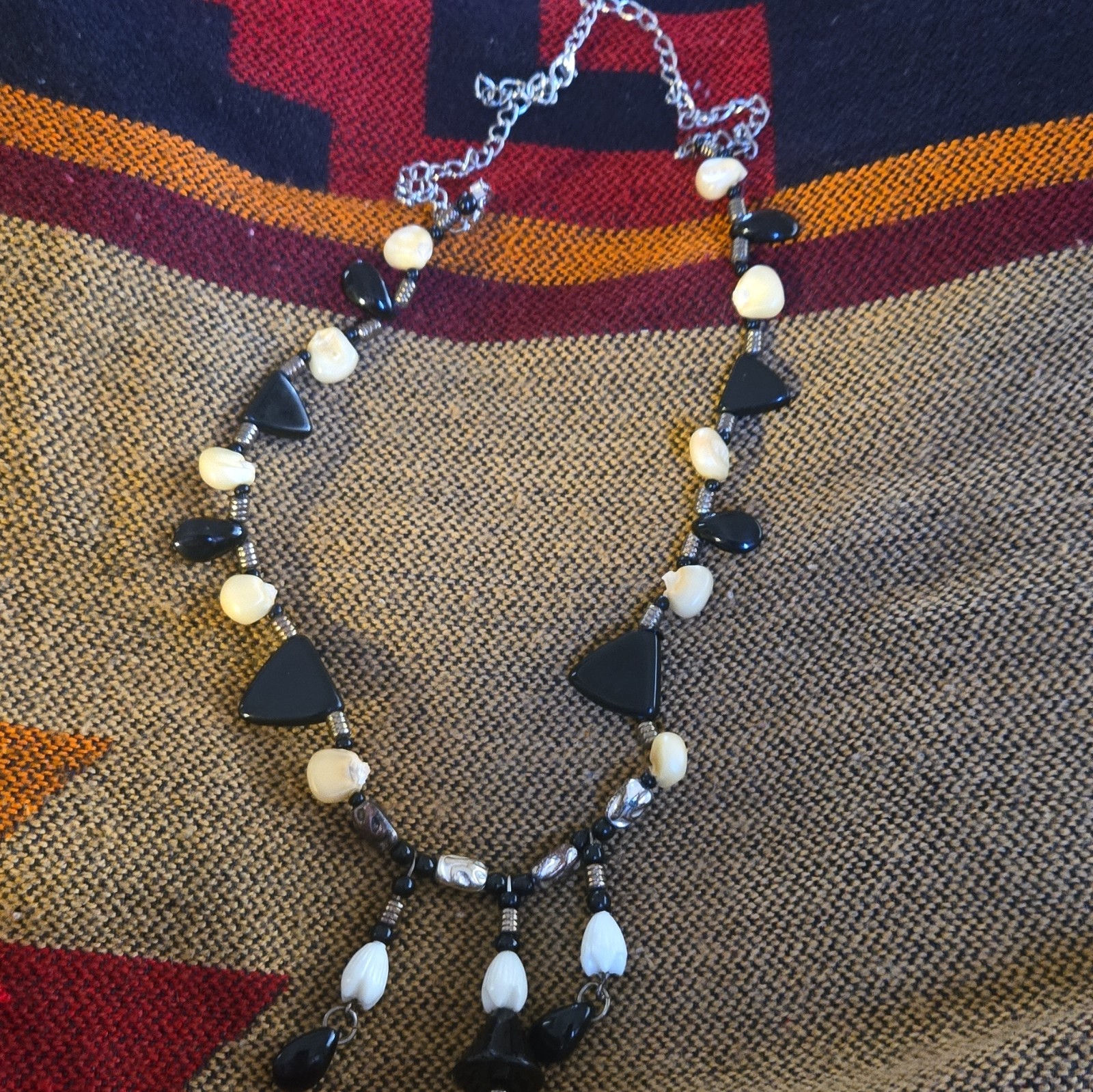 Silver Tone Black White Beaded Statement Necklace Cable Chain Adjustable Lobster