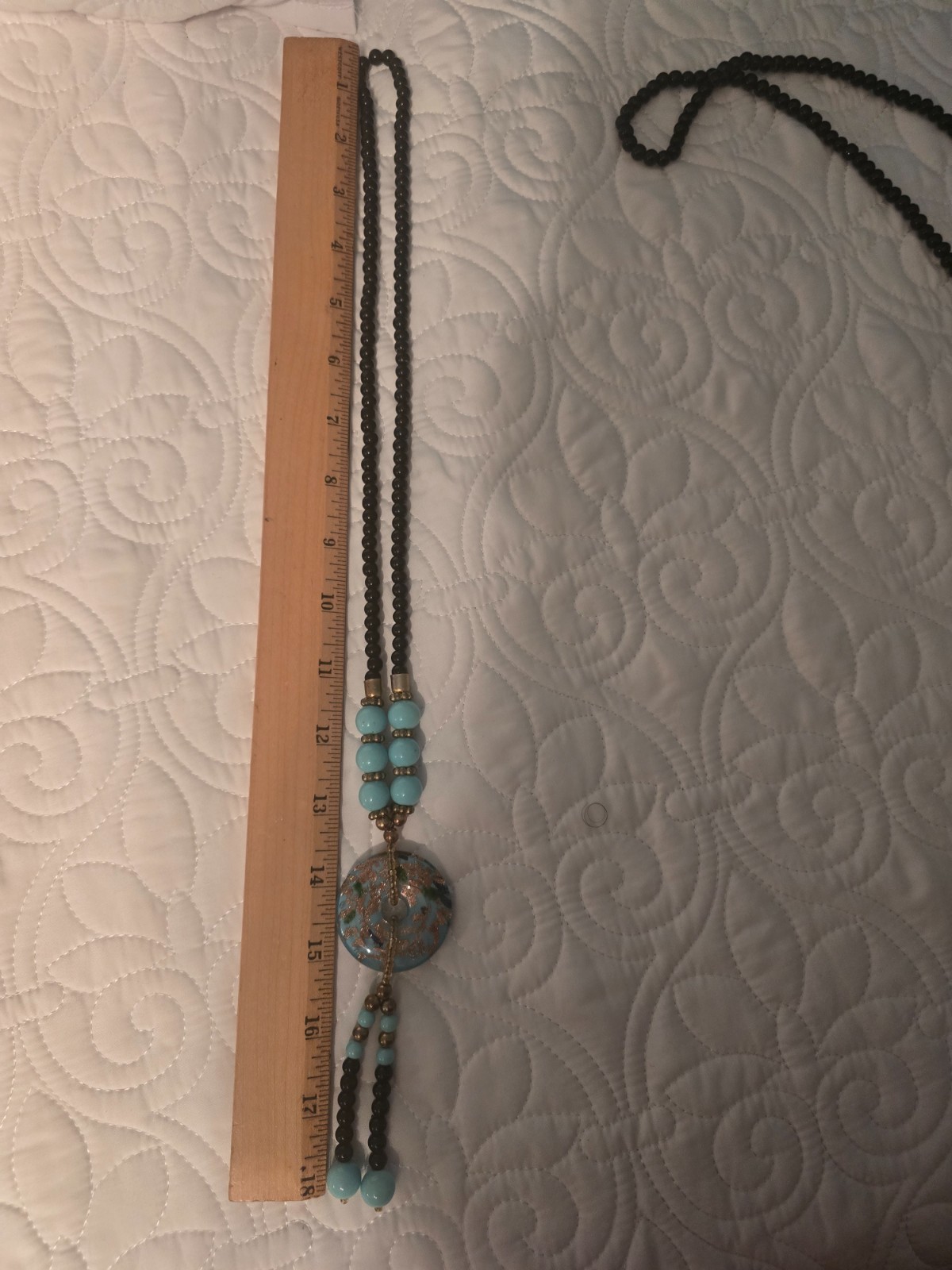 Black & Turquoise Blue Beaded Necklace Large Foil Glass Pendant NWOT