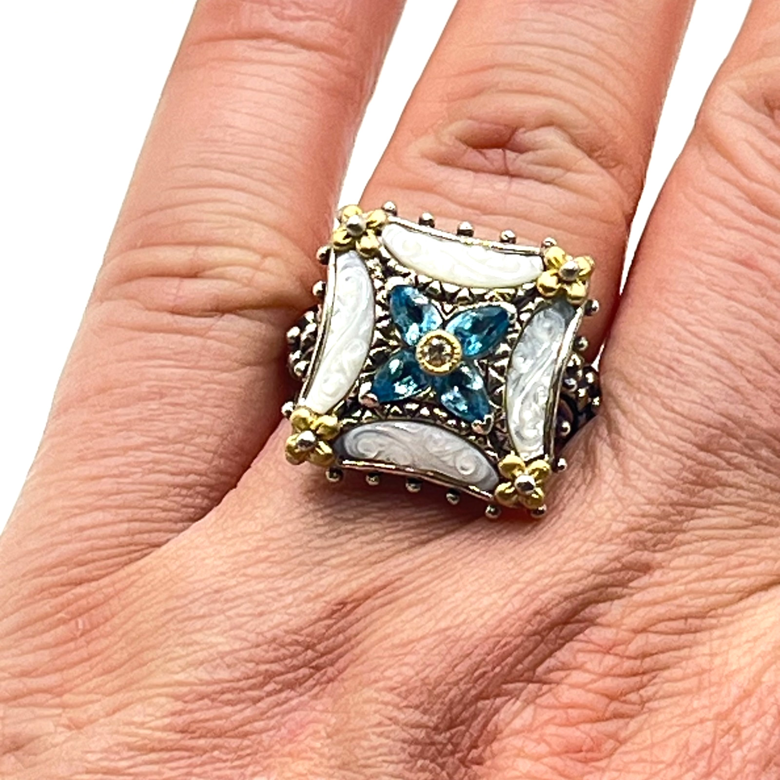 Barbara Bixby Size 8 Carved MOP & Blue Topaz Lotus Square Sterling 925 & 18k