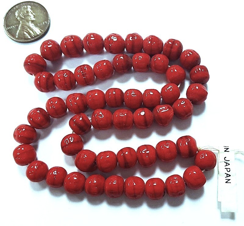 50 VINTAGE JAPANESE 1950’S CHERRY BRAND GLASS RED SWIRL 7mm. BAROQUE BEADS 4673T