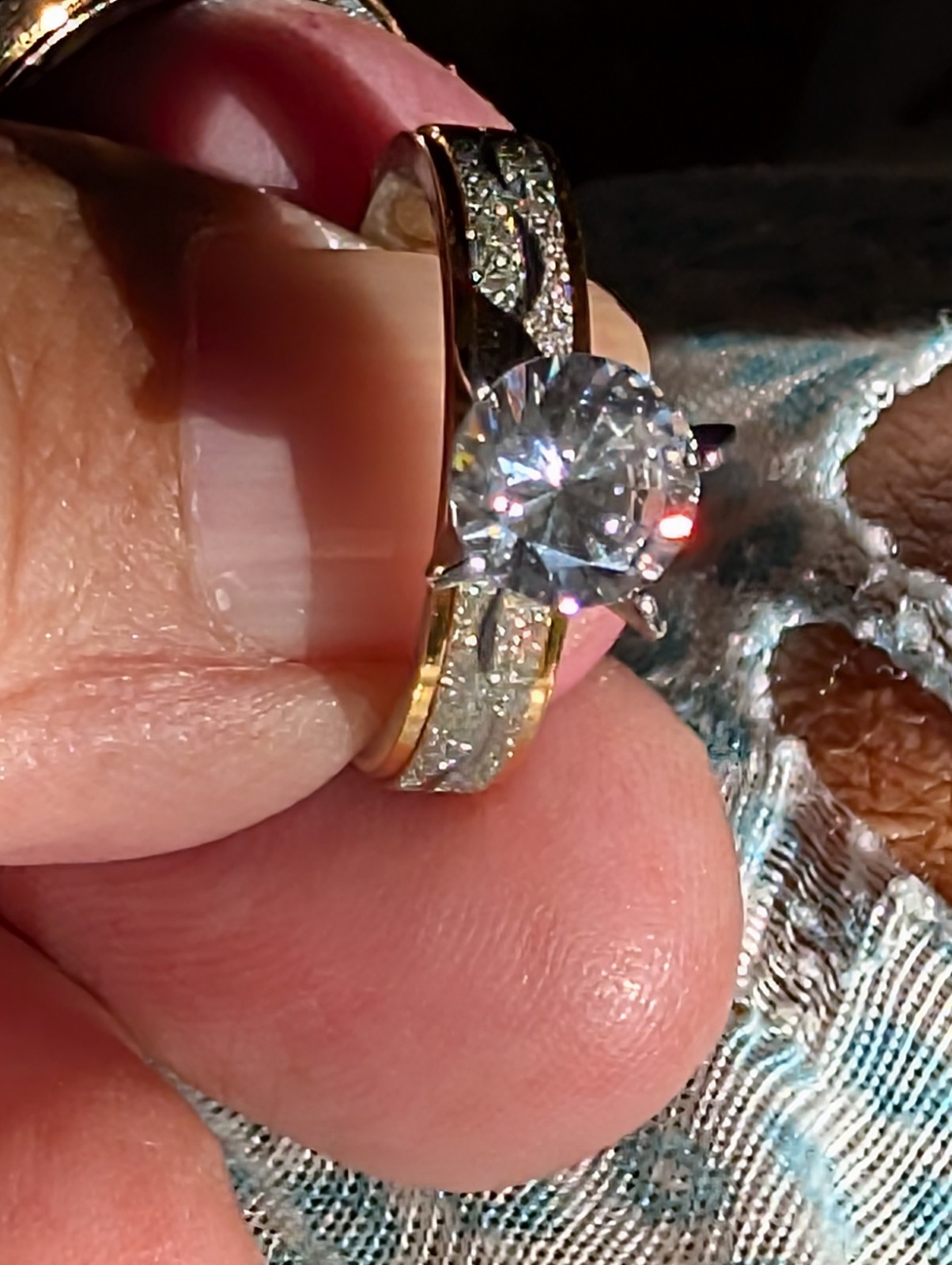 Gold & Silver Color Engagement & Wedding Ring Set – Created Diamond, Etched