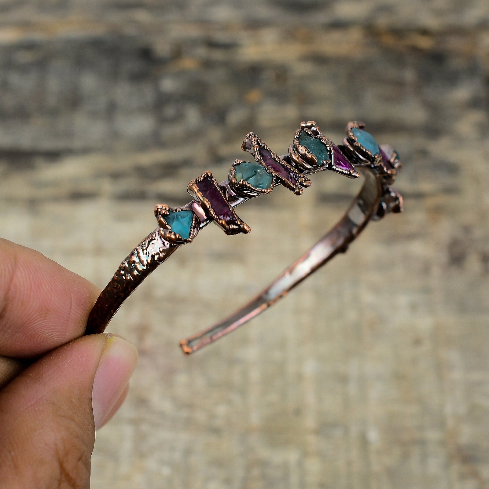 Aquamarine Rough Electroformed Adjustable Bangle Handcrafted Copper Partywear