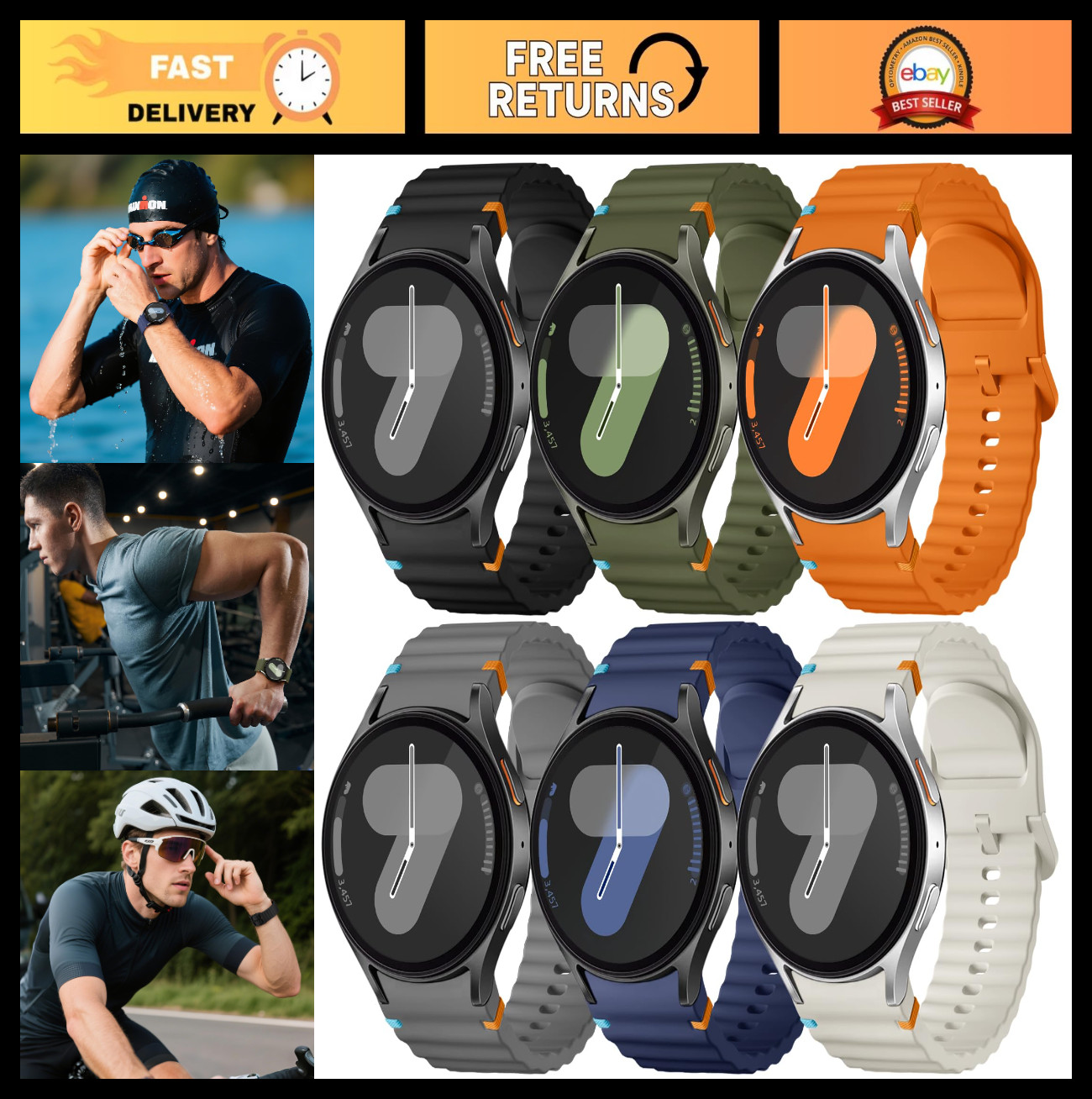 6PC Soft Silicone Sport Bands for Samsung Galaxy Watch 7 6 5 4 40/44mm – Waterpr