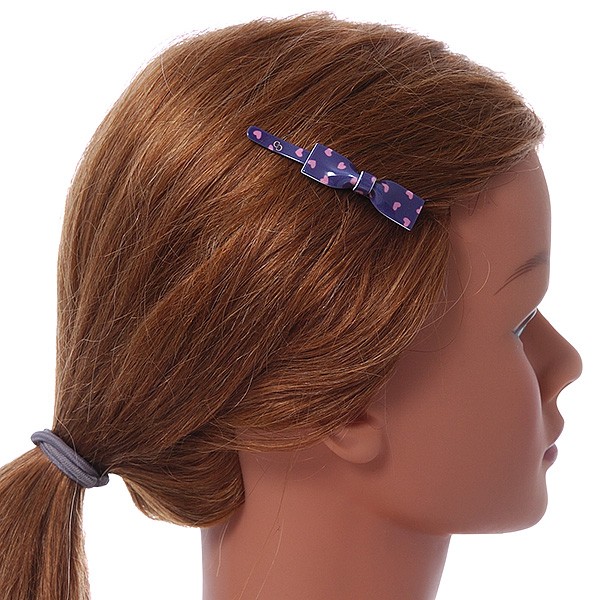 1Pcs Purple with Pink Hearts Acrylic Bow Hair Grip/ Slide In Black Tone Metal –