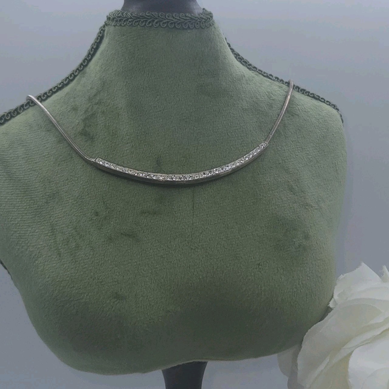 Vintage Necklace Curved 3″ Bar Small Pavé-set Stones on Rope Chain • Silver Tone