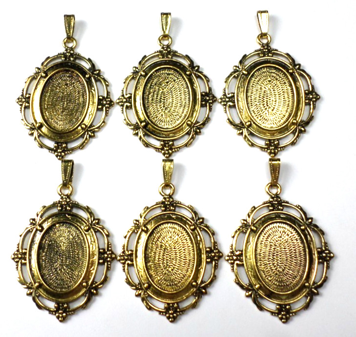 6 of 25x18mm Antique Gold Victorian Nouveau Cabochon Pendant Settings 54x40mm