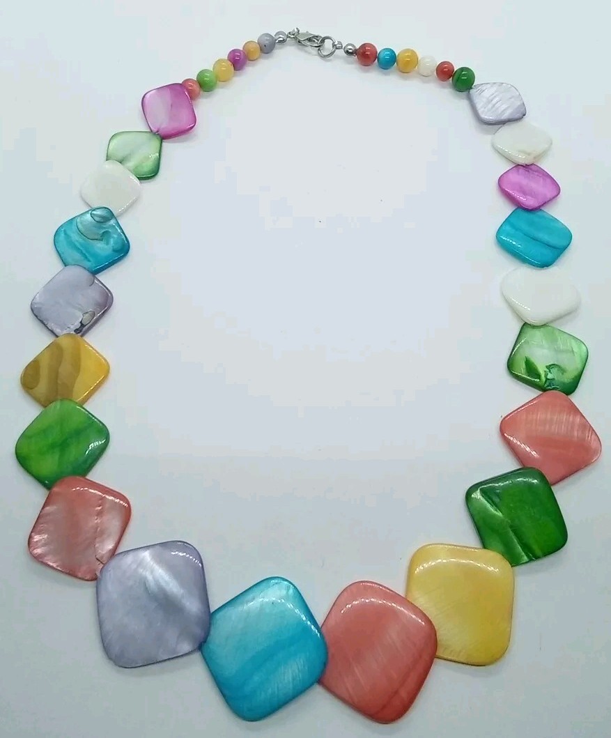 Vintage Colorful Rainbow Square Shell & Round Bead Necklace 29 1/2″ #86