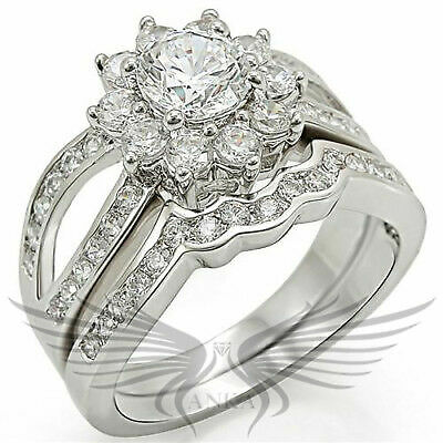 Elegant Rhodium Plated Round Cut AAA CZ Cubic Zircon Wedding Set 1W008