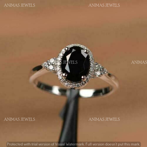 925 Sterling Silver 1.20 CT Oval Cut Simulated Black Spinel Halo Wedding Ring