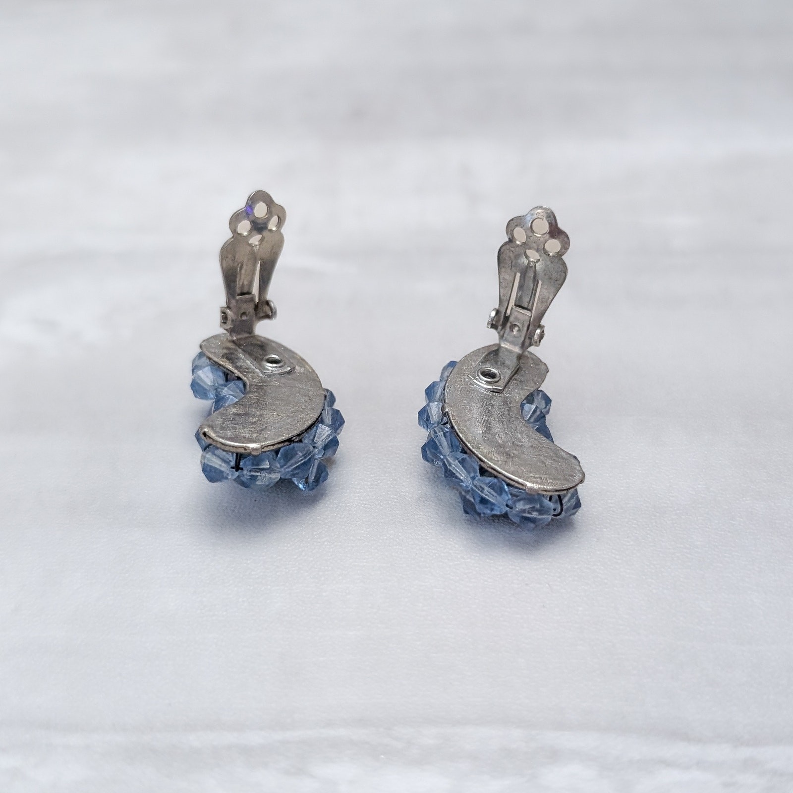 Vintage Clip On Earrings Kidney Bean Shape Large Blue Beaded Statement 1 & 3/8″
