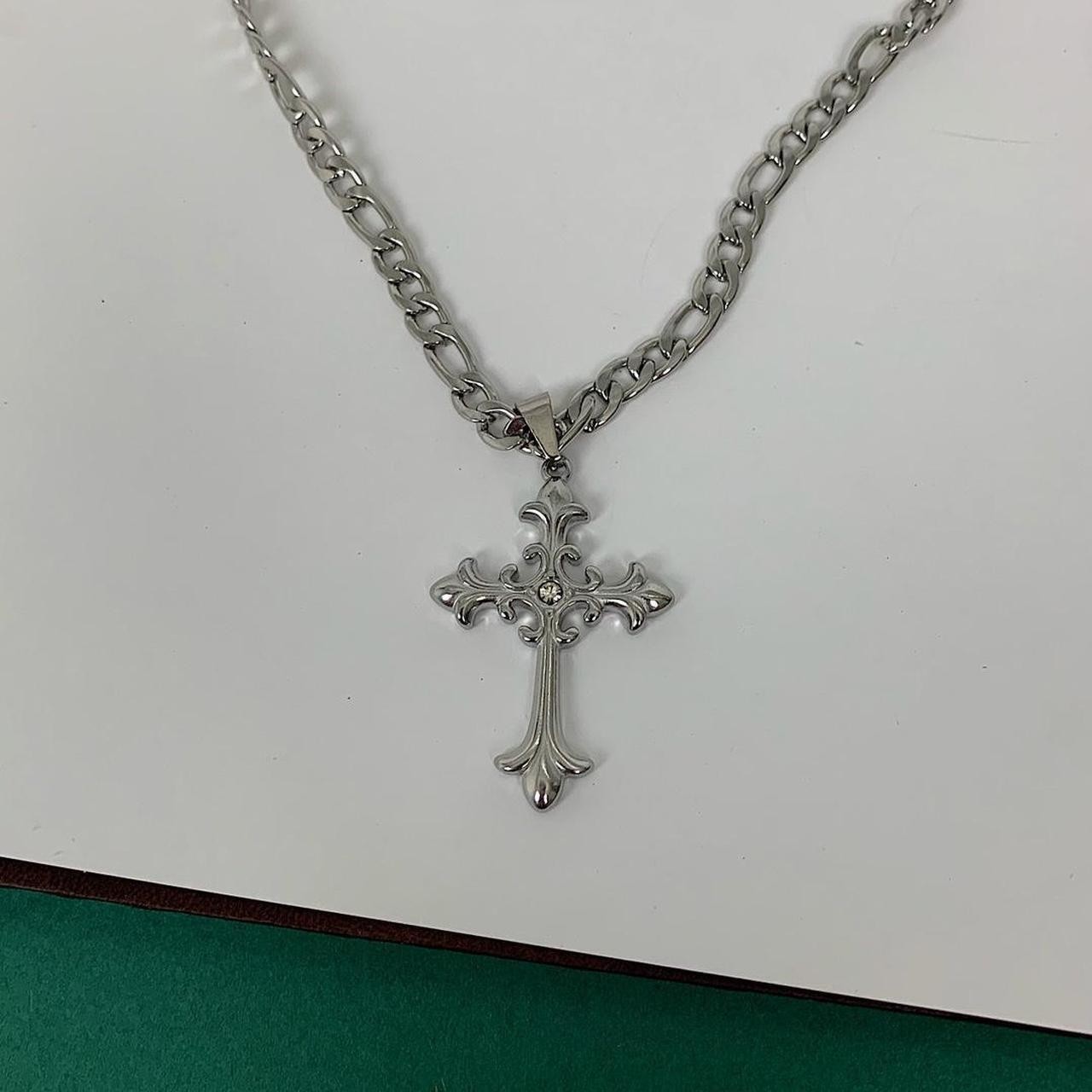 Y2k style Silver Figaro Big Gothic Rhinestone Cross Pendant Necklace. Stainless