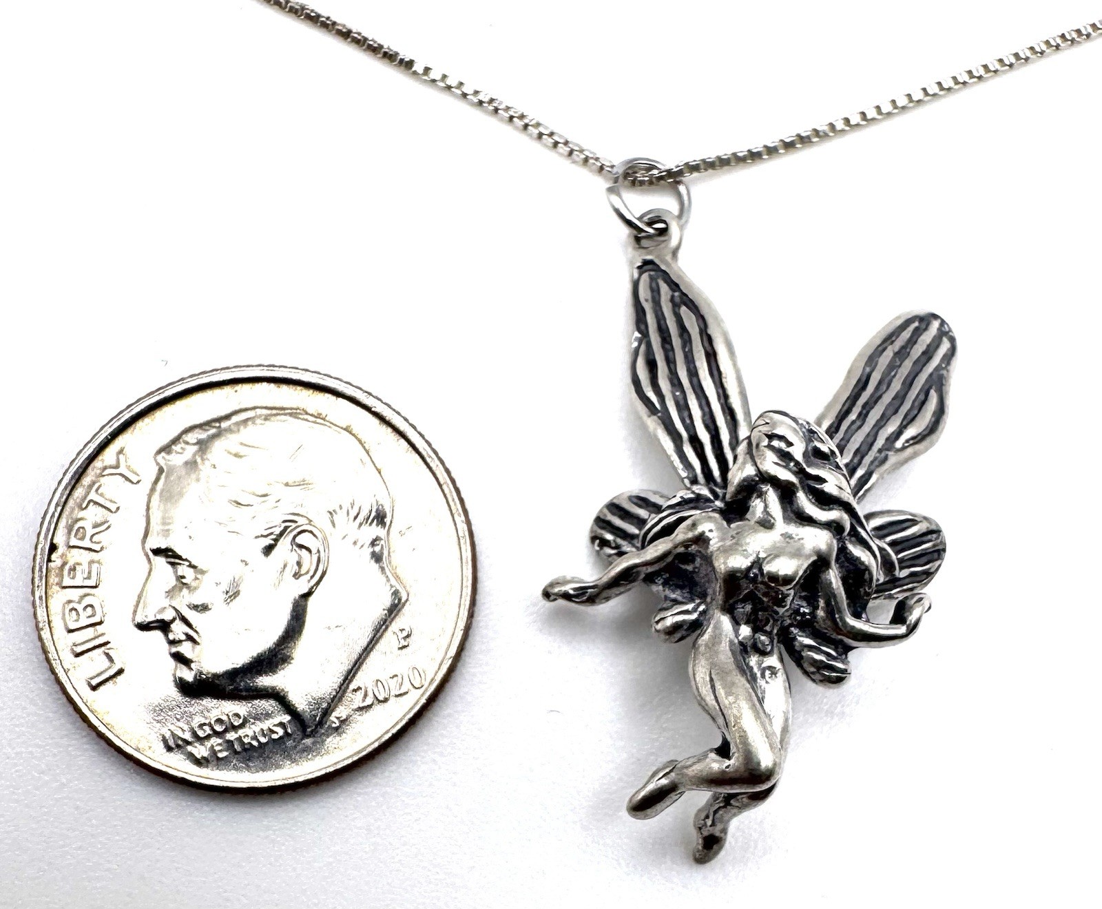 925 Sterling Silver Fairy Pendant Necklace 18″ Box Chain Fantasy Pixie 4.76g