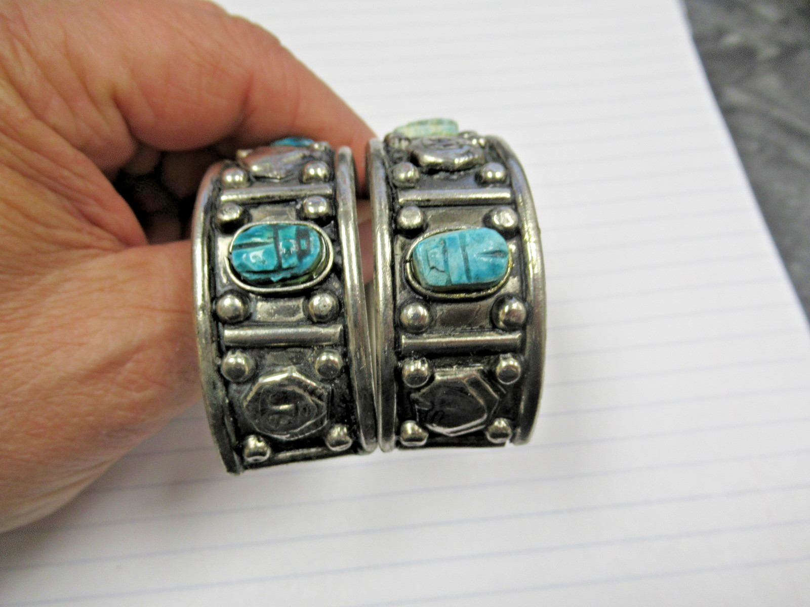 2 Vintage Made Egypt Egyptian Faience 3 Scarab Costume Jewelry Cuff Bracelets