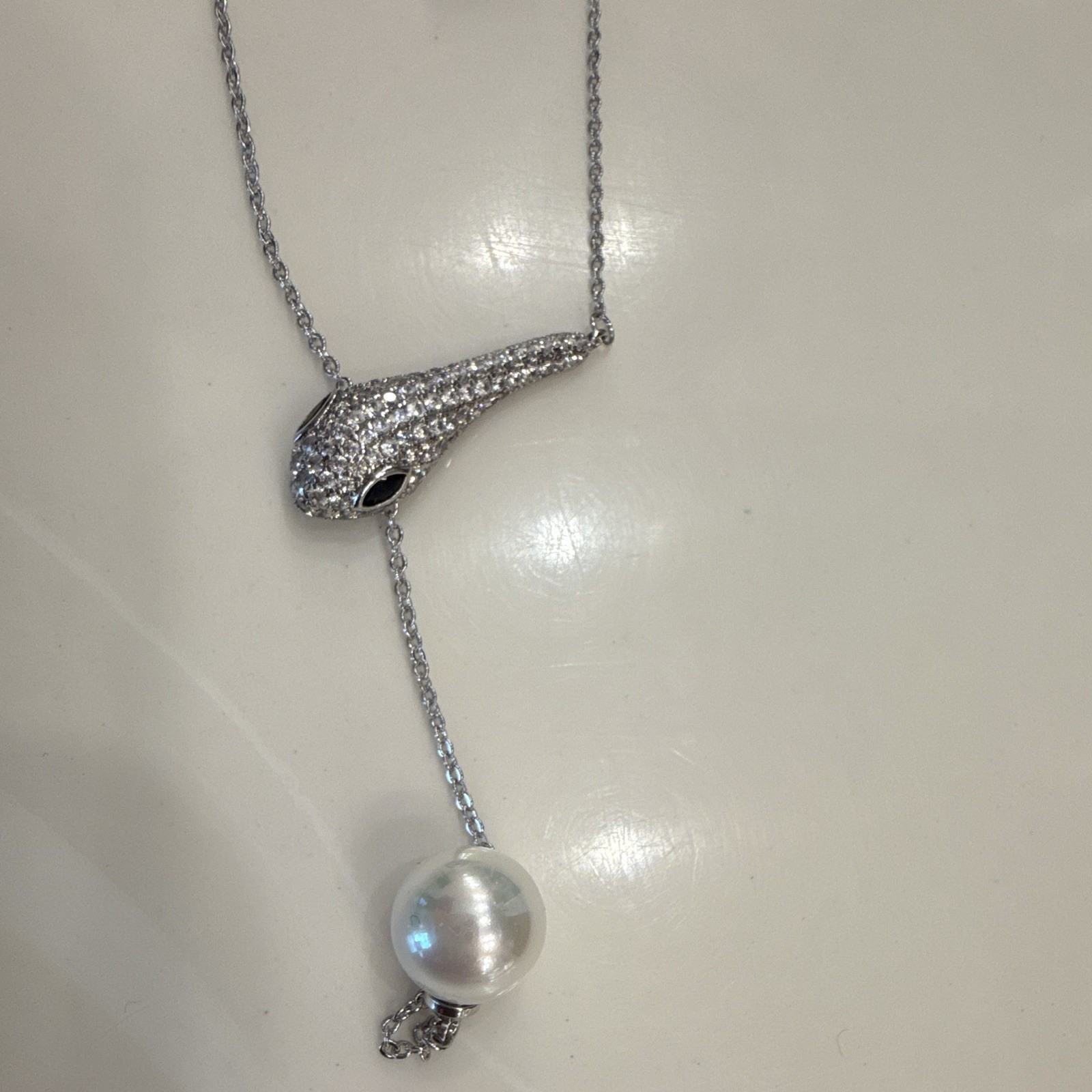 Silver Tone Layered Lariat Pendant Necklace White Pearl Pavé Teardrop Box Chain