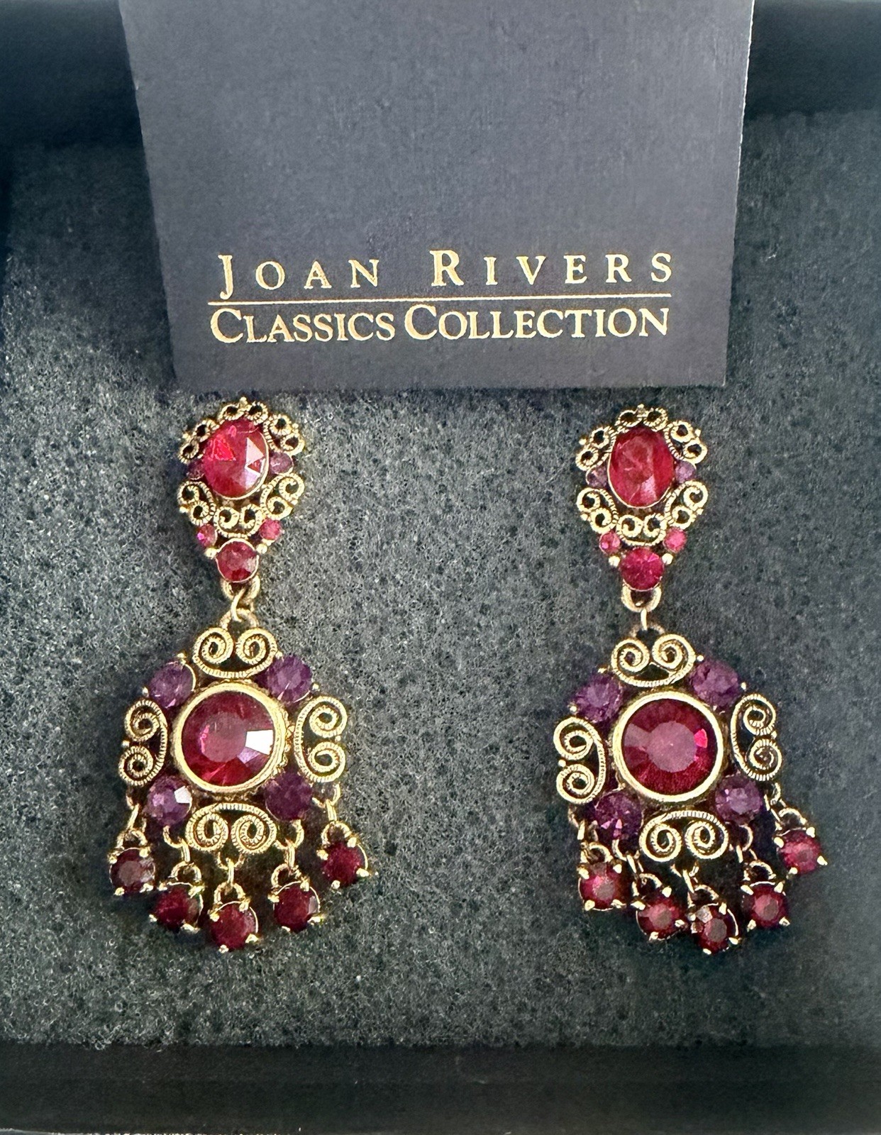 Joan Rivers “Ruby Red and Amethyst Purple” Rhinestones Earrings NEW In Box MINT!