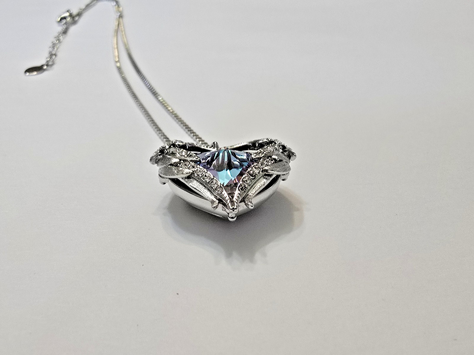 Angel Wings Blue Purple Crystal Heart Silver Tone Pendant Necklace