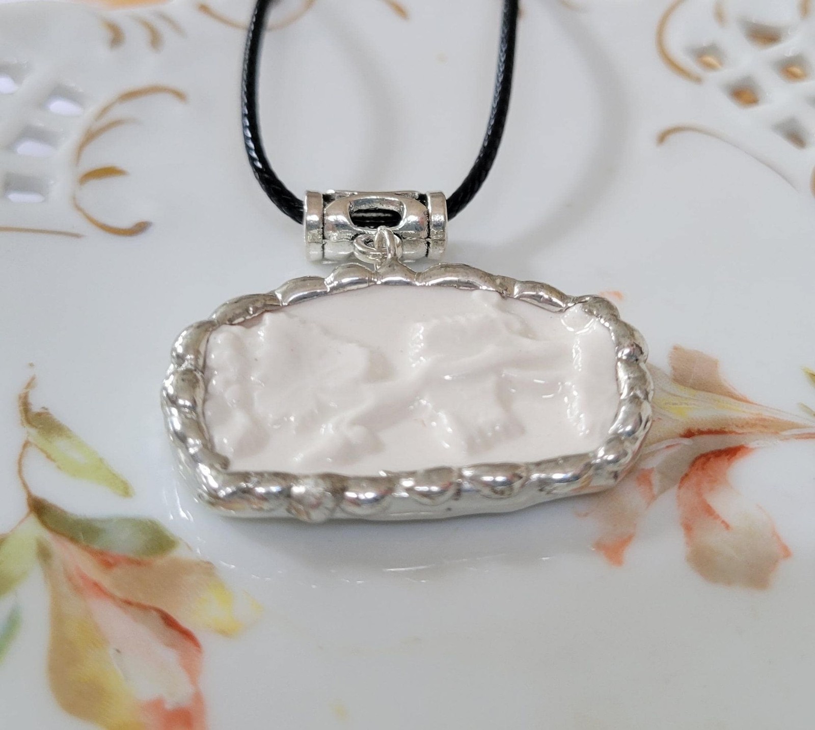 Wedgwood Etruria Broken China Pendant Necklace, Embossed Queens Ware