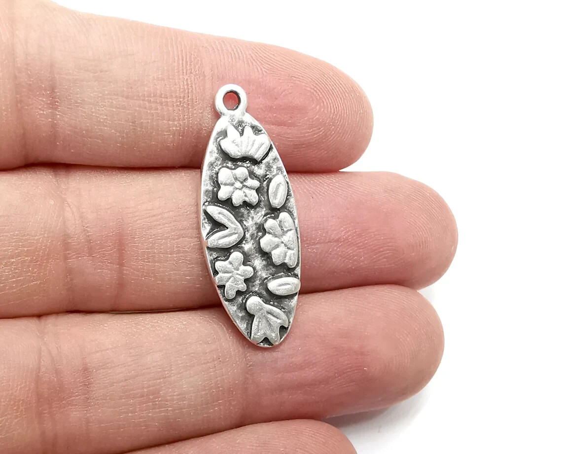 Flower Charms Leaf Oval Dangle Charms, Antique Silver Plated jewelry accessories
