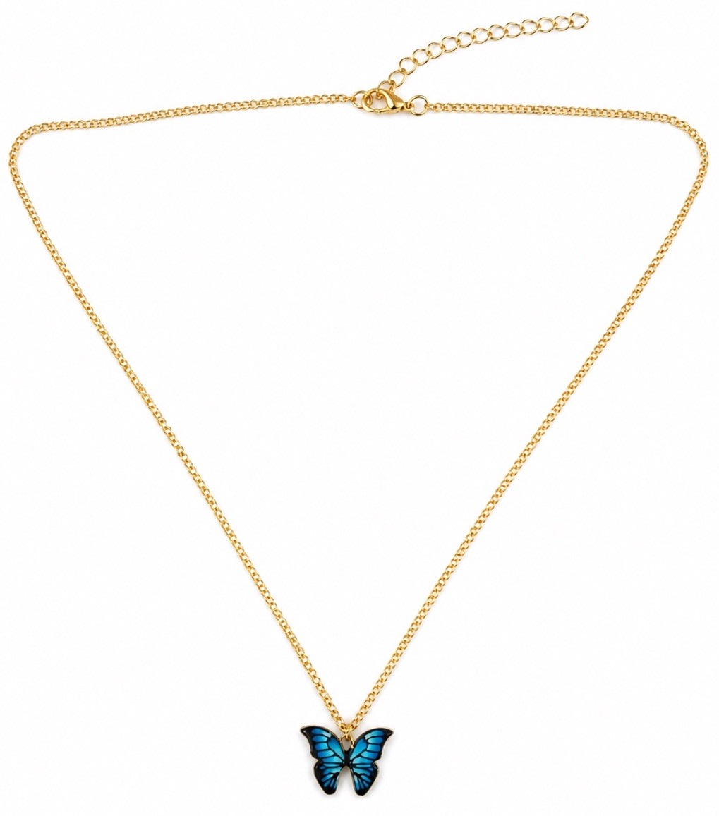 Blue Butterfly Pendant Necklace Gold Tone Chain Gift Box Included for Women