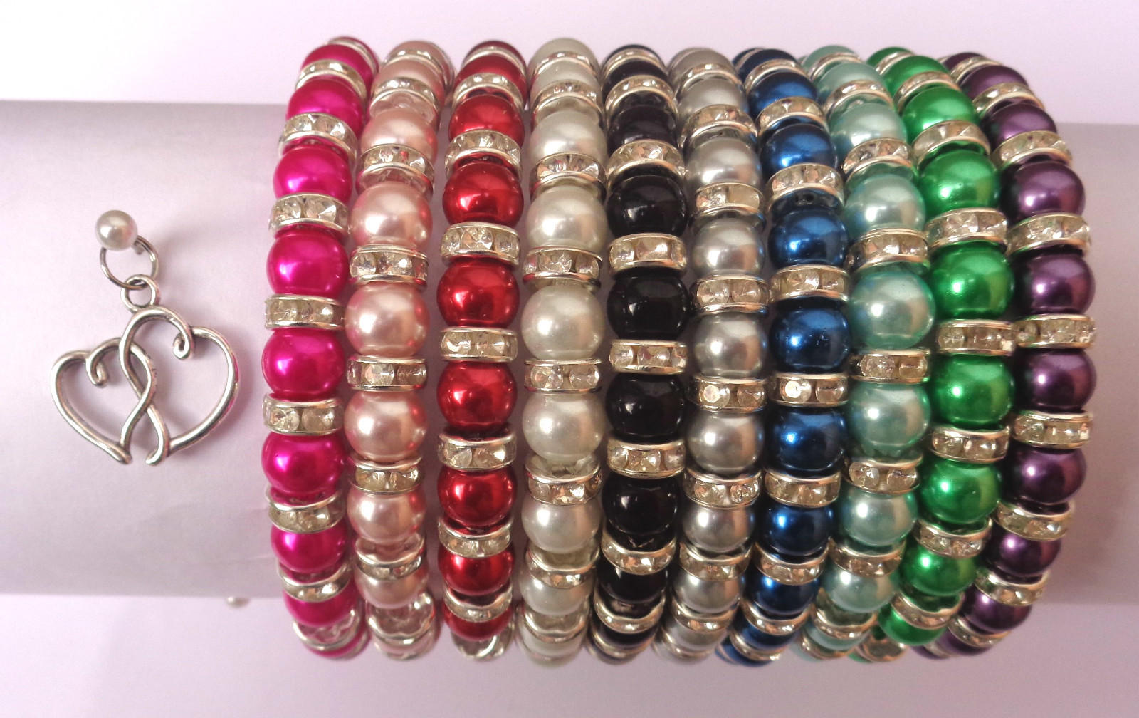 Glass Pearl Diamante Elastic Bracelet with Double Tibetan Heart Charm 10 COLOURS
