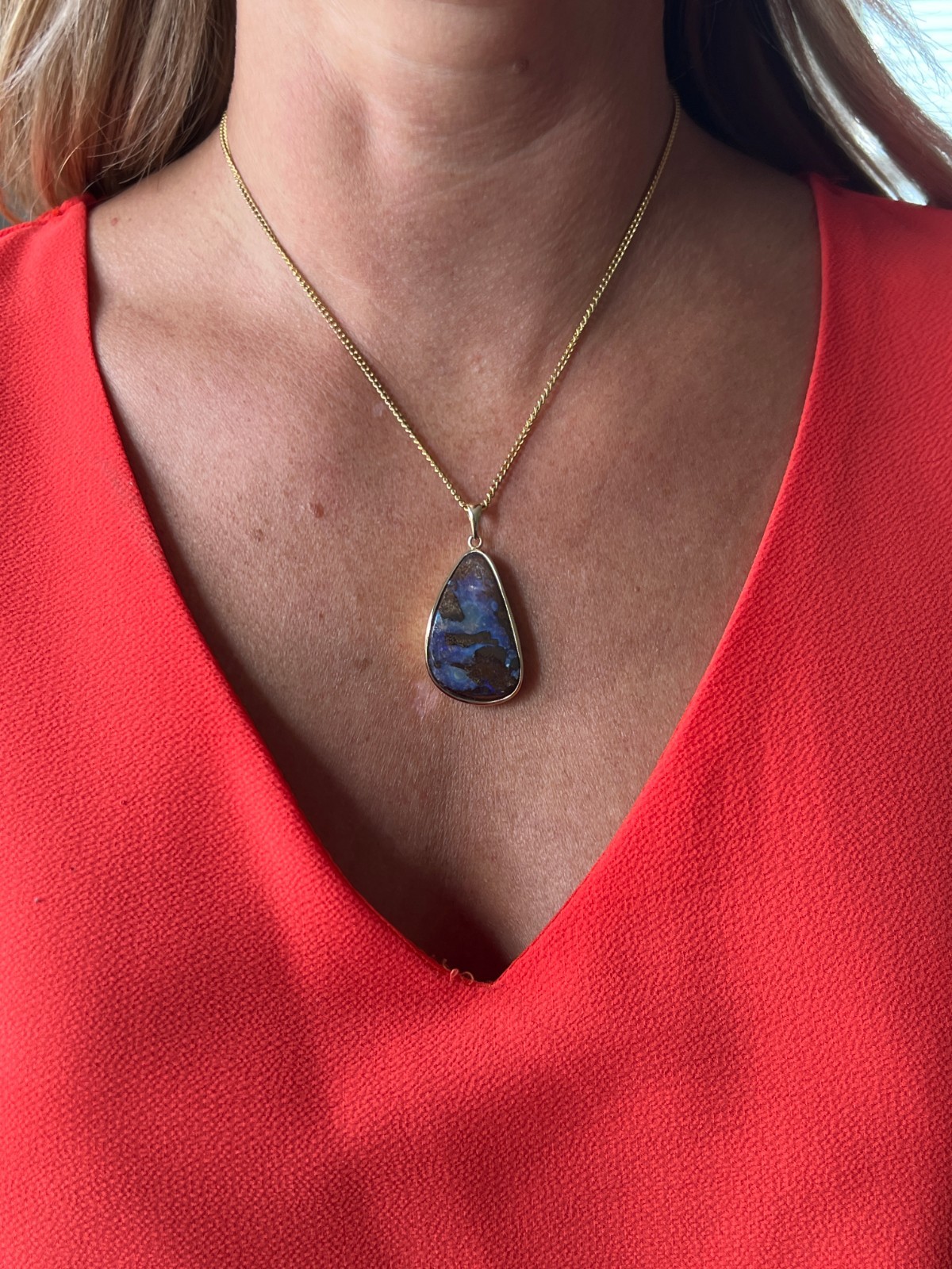 Contemporary 14 Karat Yellow Gold Freeform Oval Blue and Brown Opal Pendant