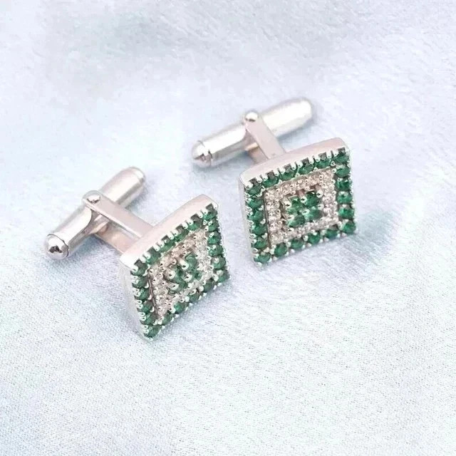 3.2Ct Round Lab-Created Emerald Men’s Wedding Cufflinks 14K White Gold Plated