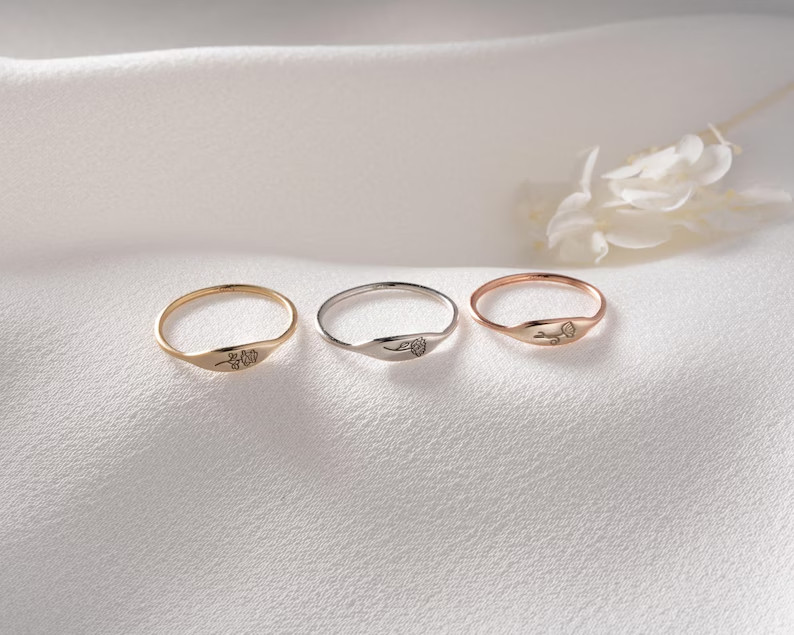 Engraved Birth Flower Minimalist Ring, Stackable Ring 14K Yellow Gold Plated
