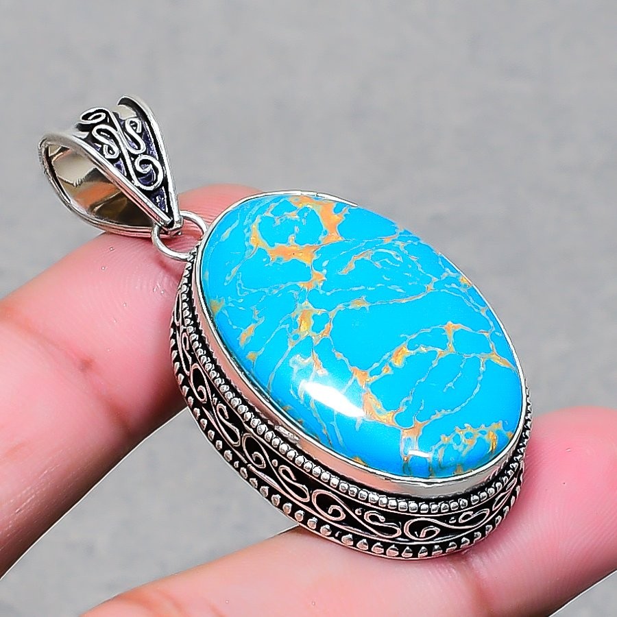 Copper Turquoise Oval Shape Gemstone Pendant Unique Vintage Jewelry 2.1″ VP 3619