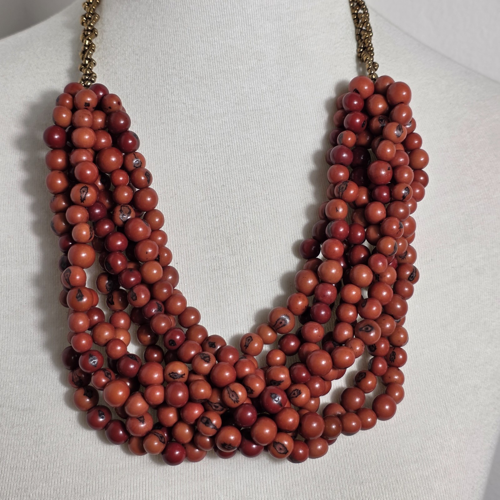 Multi-Strand Dyed Coral Colored Acai Seed Bead Necklace Gold Seed Bead Accents