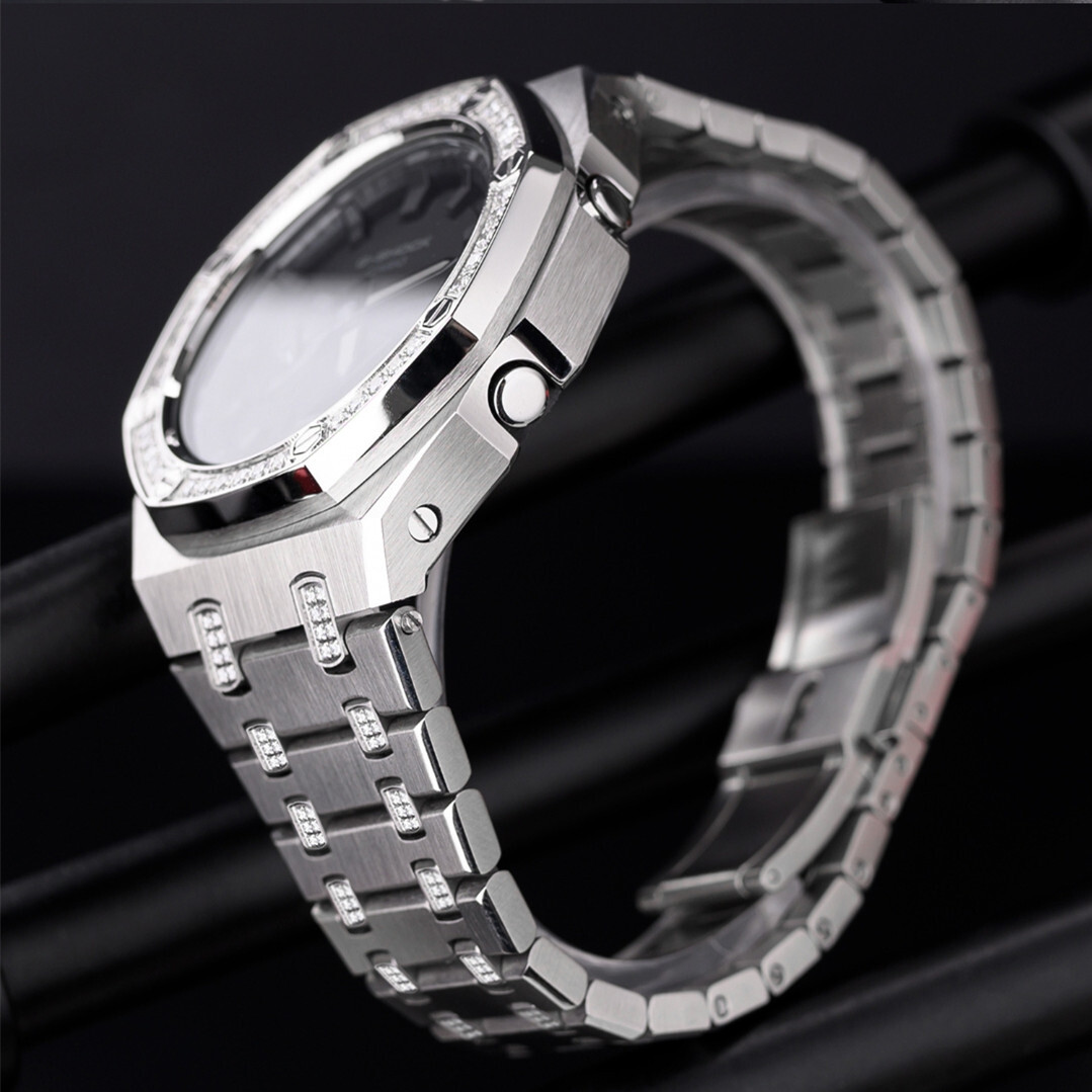 Bling Diamond Stainless Steel Bezel Mod Kit Case Band for G-SHOCK GA-2100 GA2110