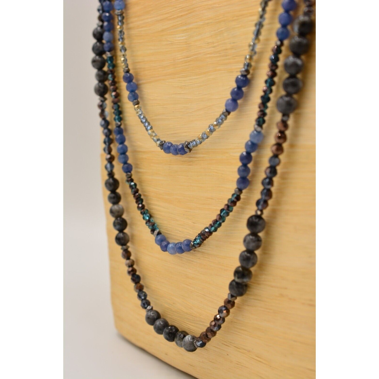 Nakamol Cabochon Necklace Blue Gray Crystal Beaded Chain Gold Tone SIgned 9J